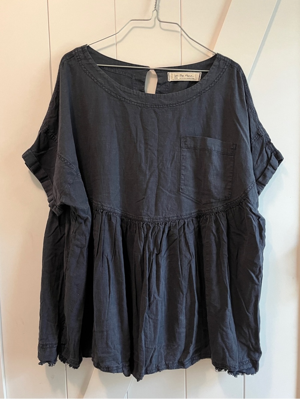 Washed Black Short-Sleeve Peasant Tunic with Pocket